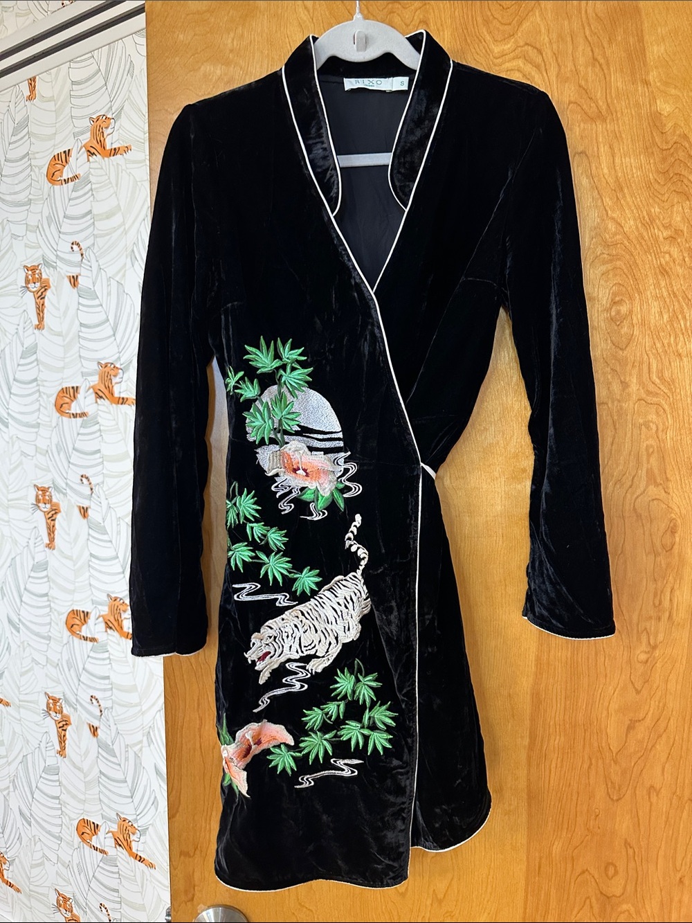 Rixo London Embroidered Black Velvet Wrap Robe with Tiger Motif